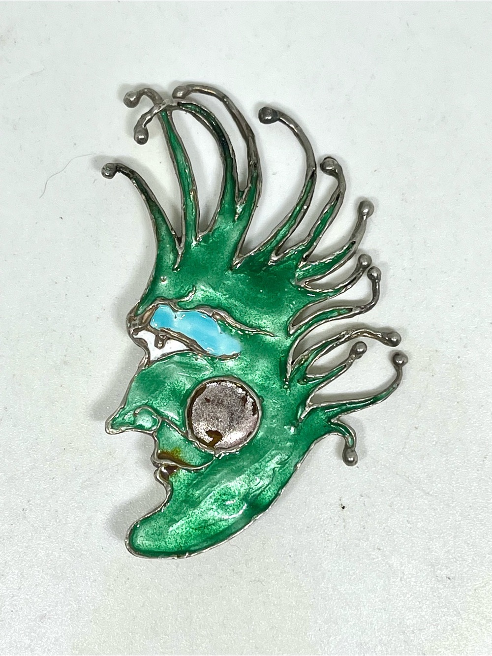 Vintage 1979 LeFreve Signed Sterling Cloisonné Enamel Modernist Face Brooch